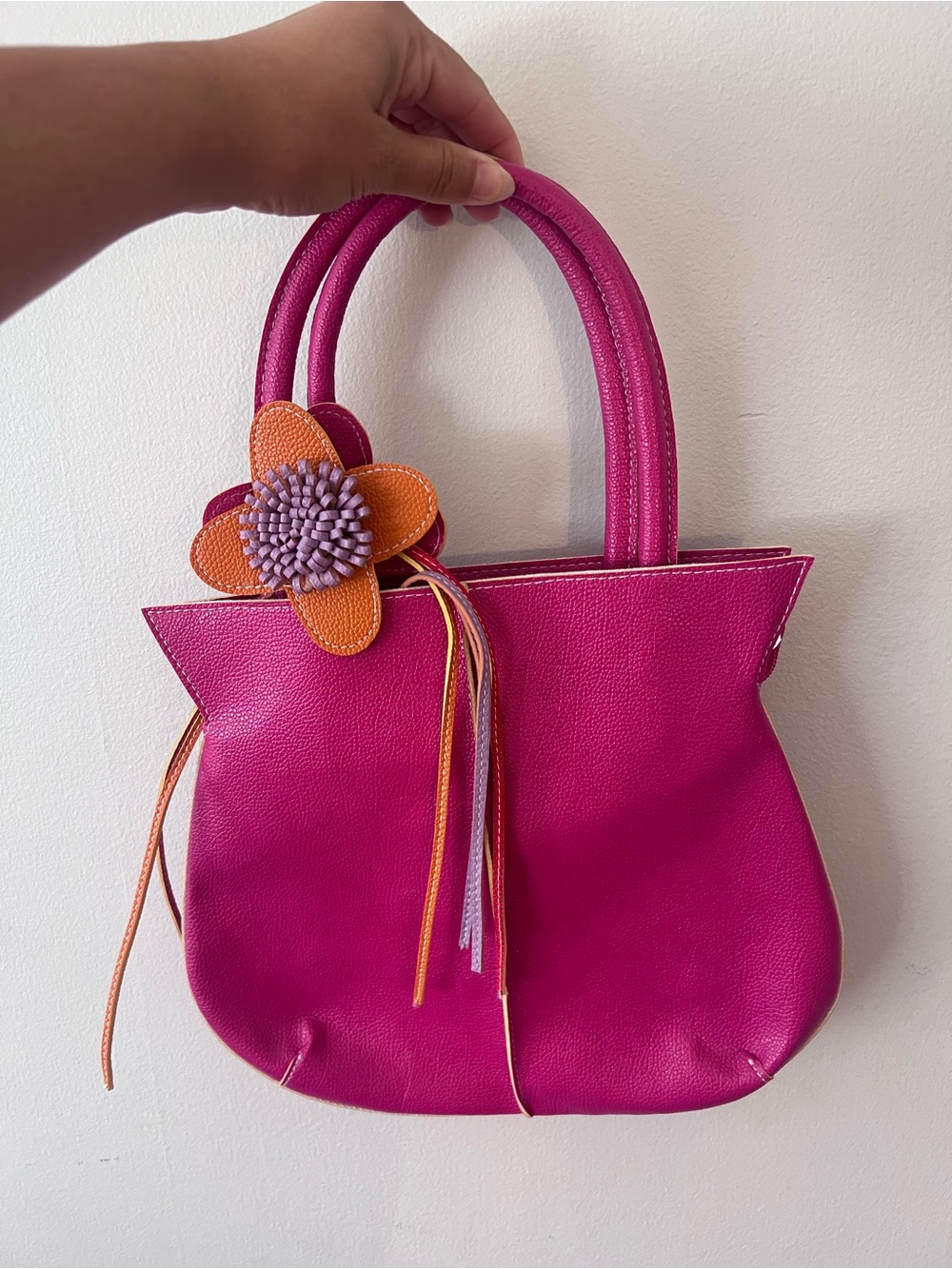 Mellow World | Bright Pink Women's Tote Bag with Orange Flower Charm